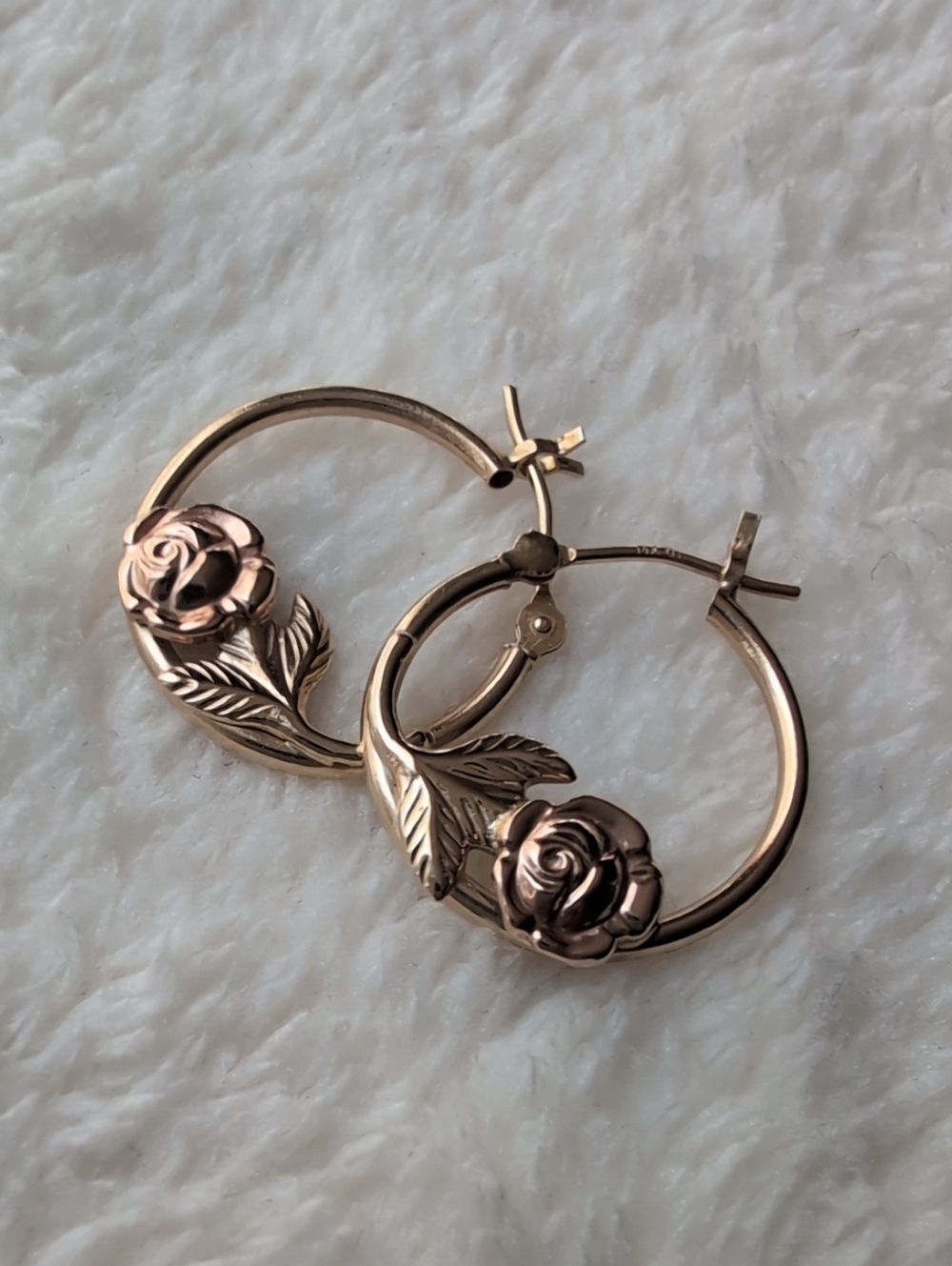 Solid 14K Yellow And Rose Gold Earrings Floral Hoop